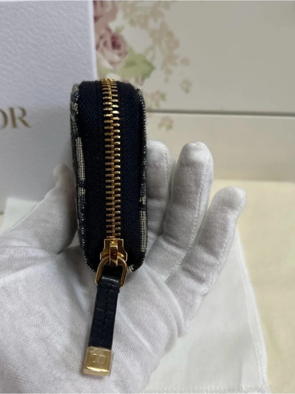 Dior Navy & Beige Oblique Zip Card/Coin Case Holder